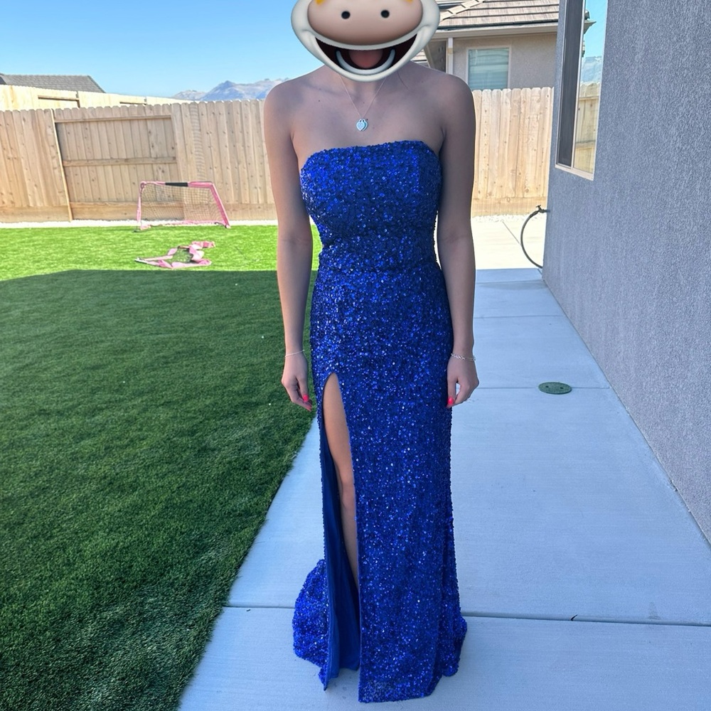 Trudy’s Royal Blue Sequin Gown with High Slit and strapless Neckline for Prom